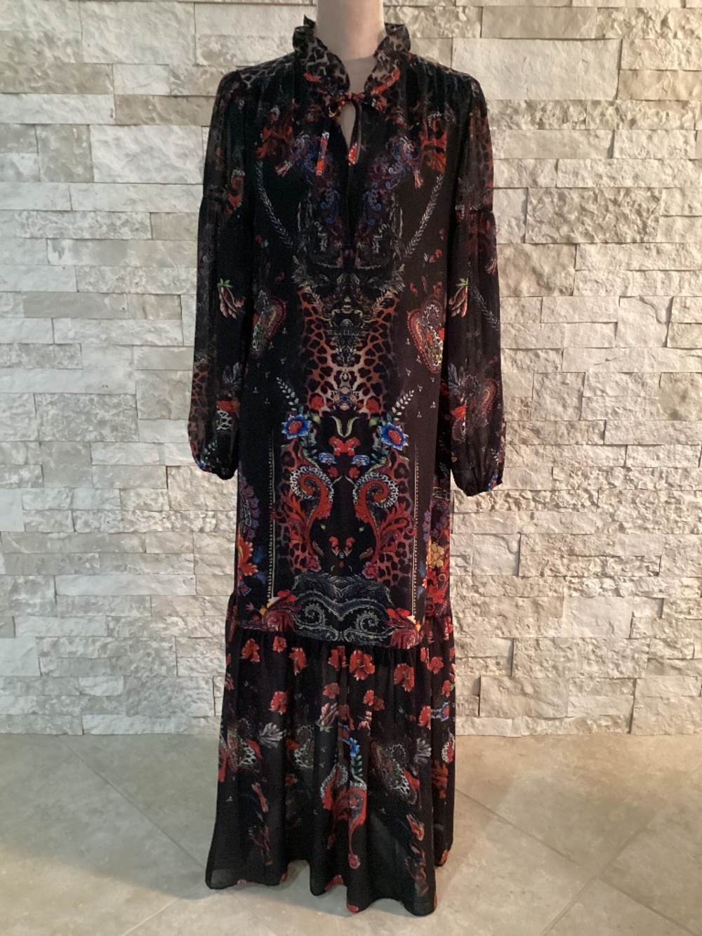 Dalia MacPhee Boho Maximalist Floral Leopard Tiered Tie Neck Midi Maxi Dress L